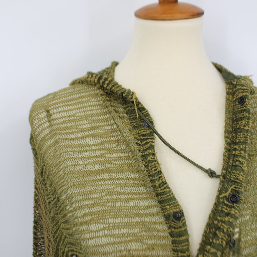 Vintage Army Green Knit Street Wear Snap Hoodie Jacket S - Picture 4 of 8